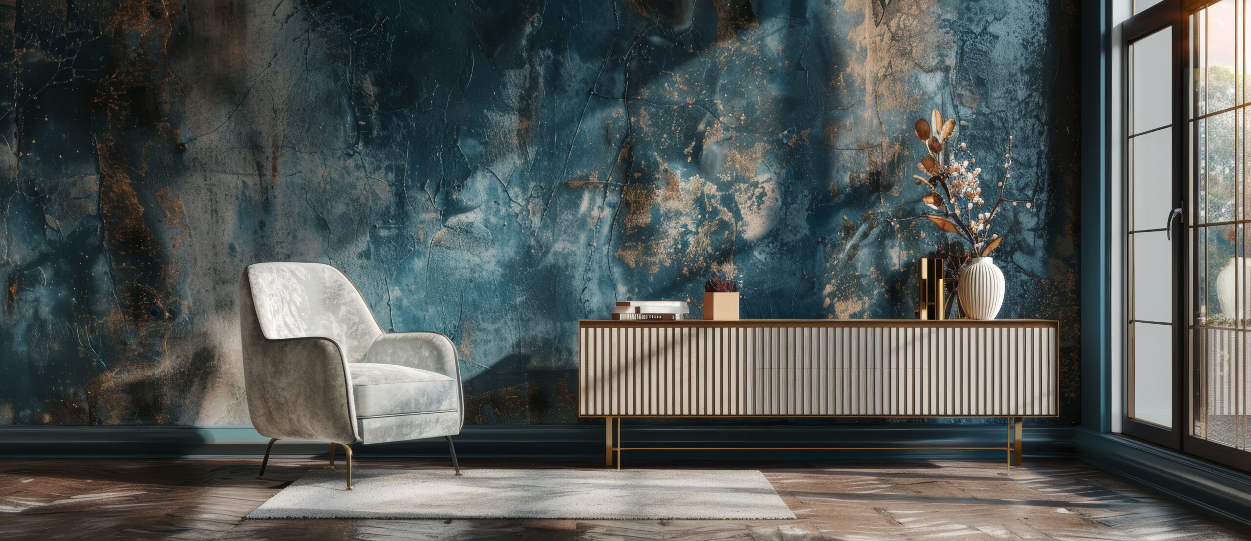 An abstract art piece blended texture and design, transforming grunge blue wallpaper into mesmerizing vintage metal.