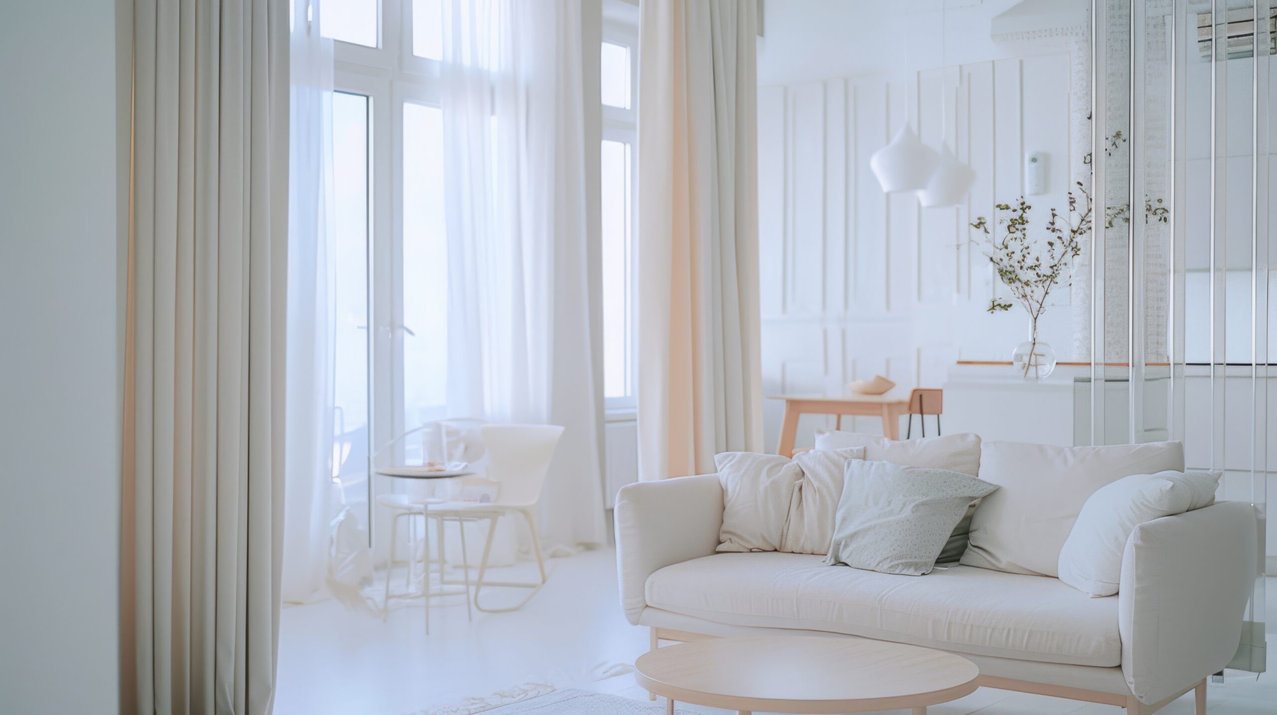 A bright, airy living room with minimalist décor and large windows letting in soft sunlight.