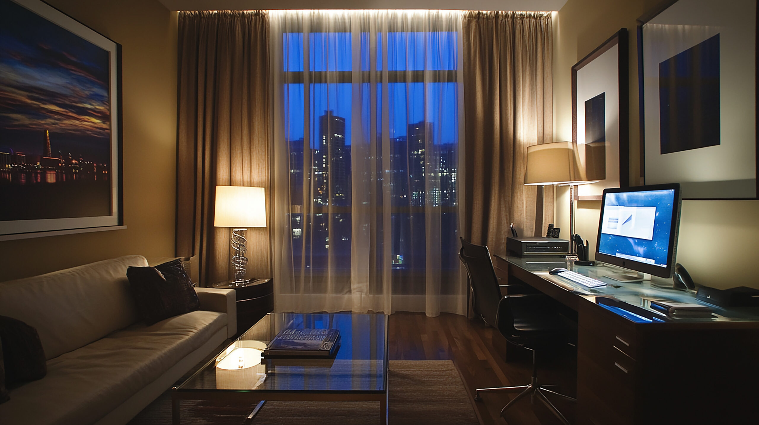 Chic Modern Room with Low Lighting Highlighting Coffee Table