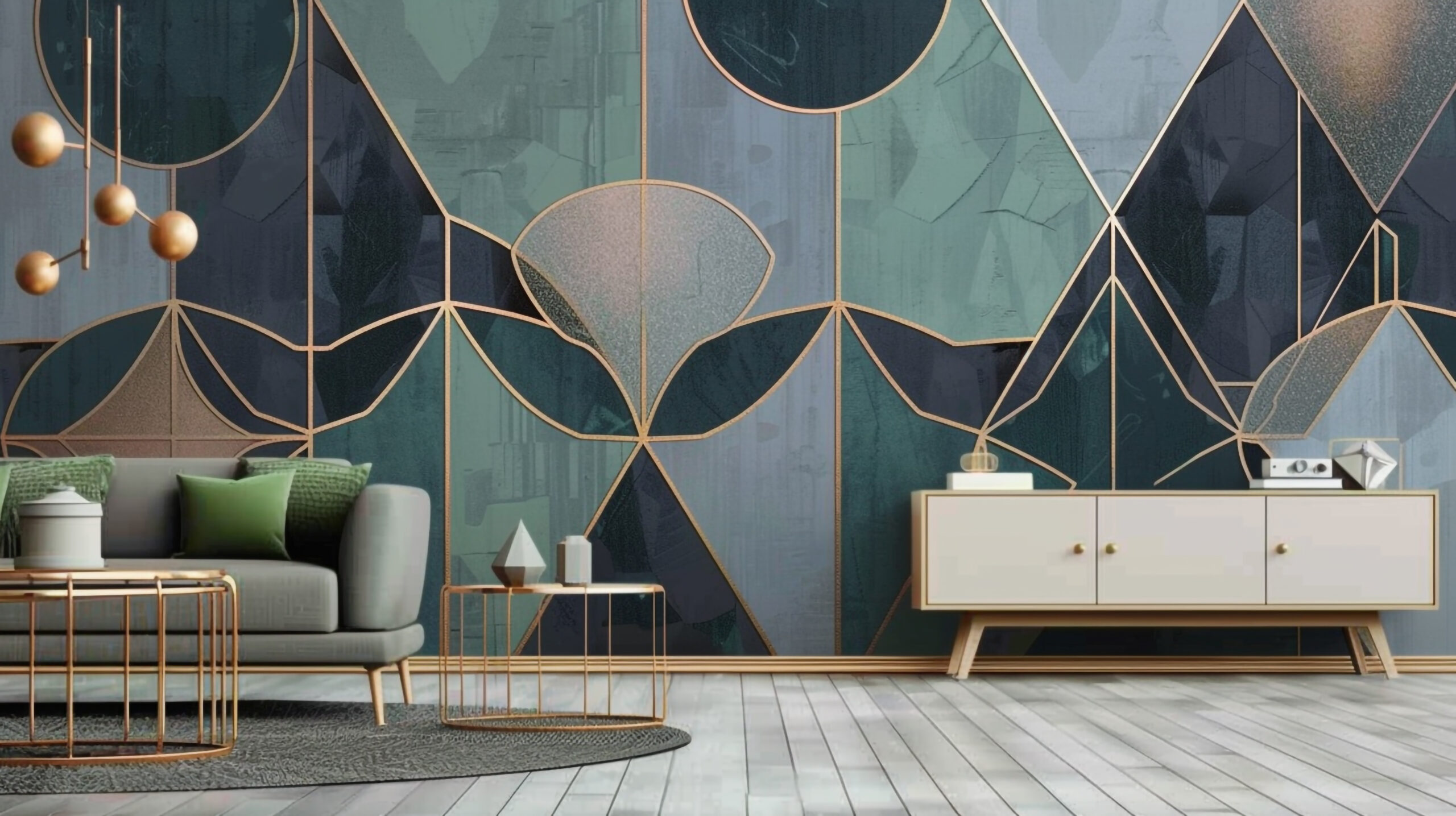 Geometric wallpaper in dark blue, light green, and rose gold with sofa