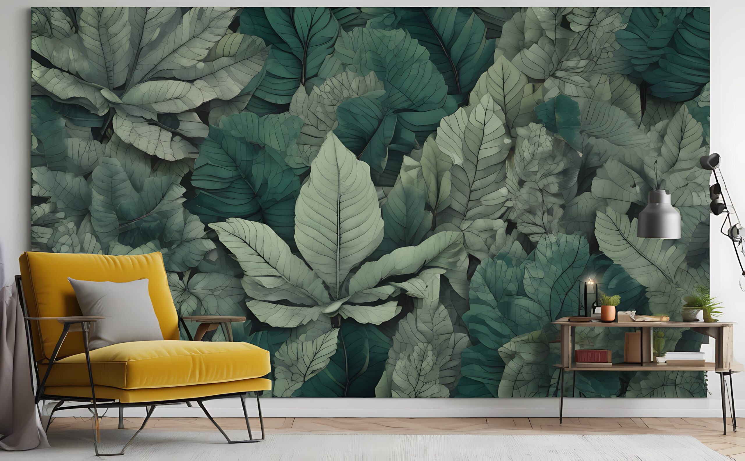 interior-modern-living-room-with-green-tropical-leaves-wallpaper-wall