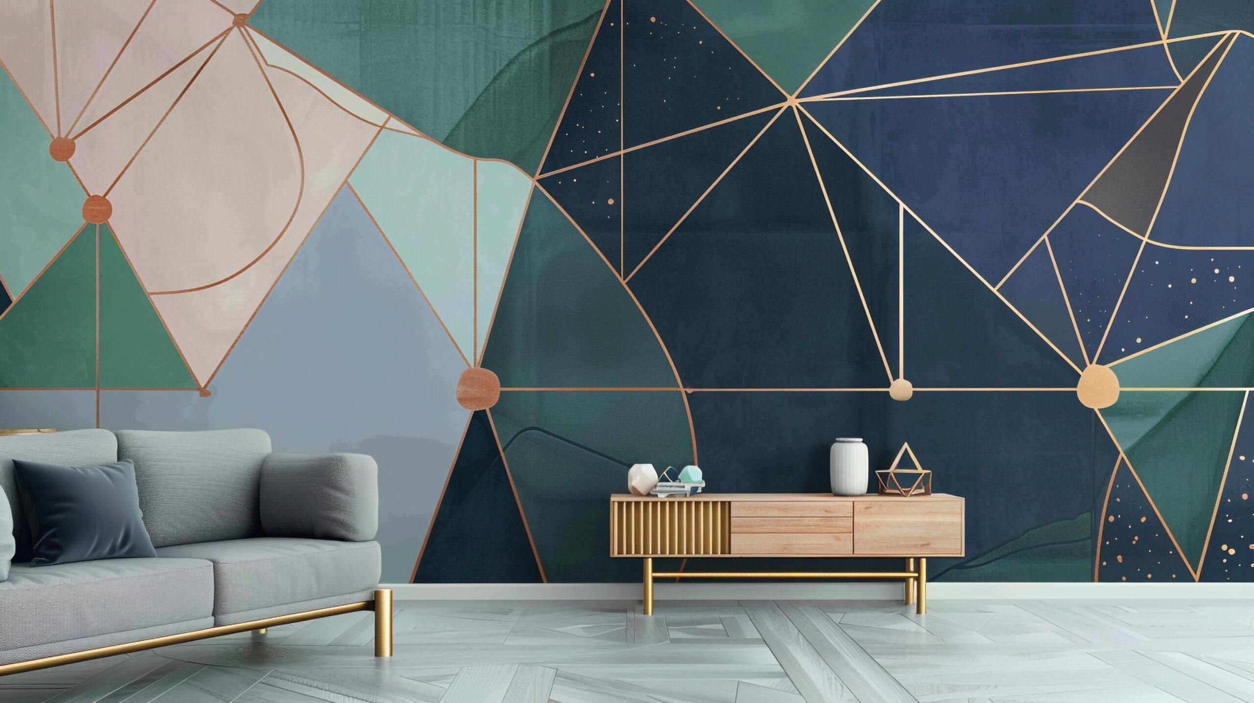 Modern geometric wallpaper in dark blue, green, and rose gold, sofa nearby