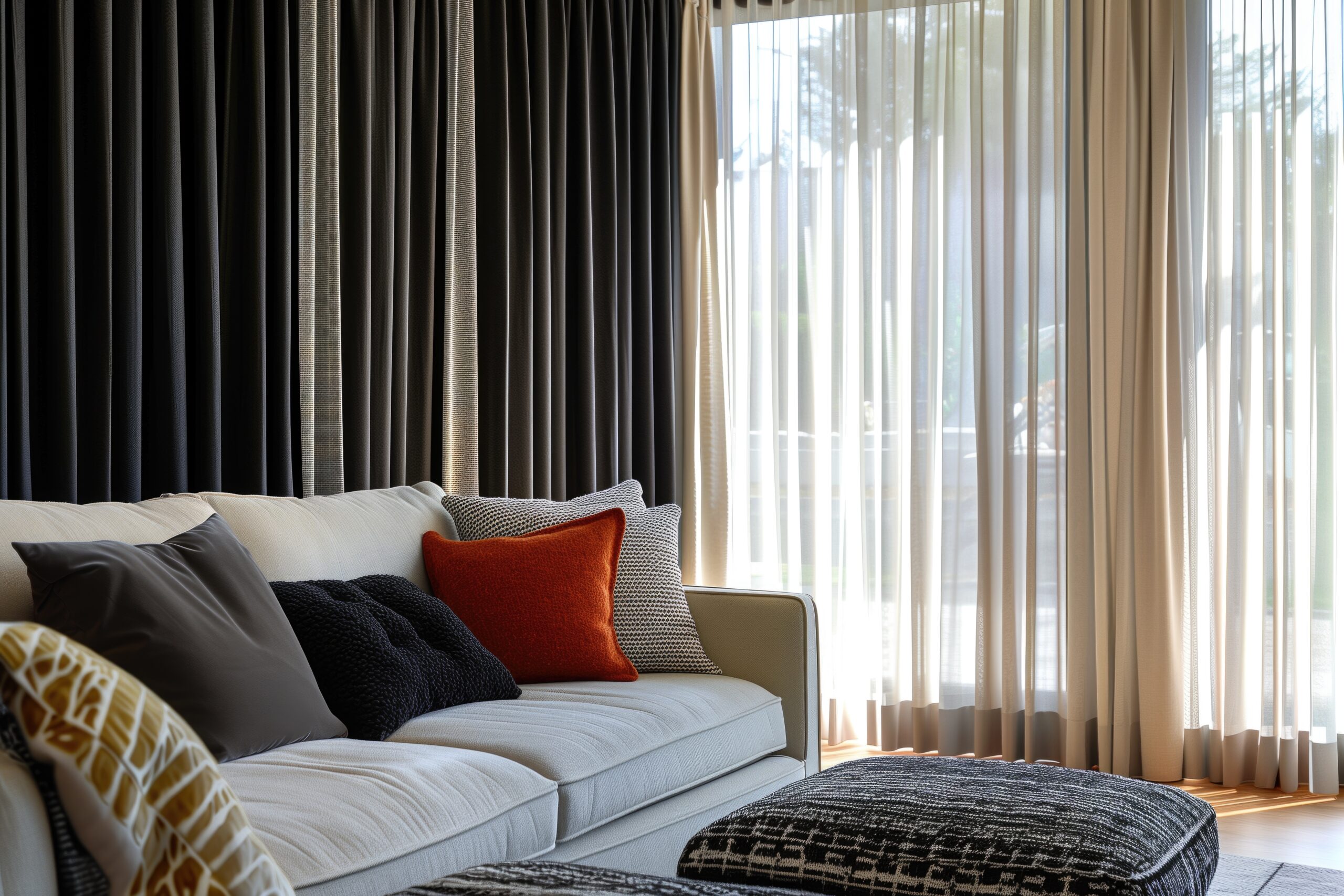 Modern living room with white sofa, colorful pillows, and floor-to-ceiling curtains