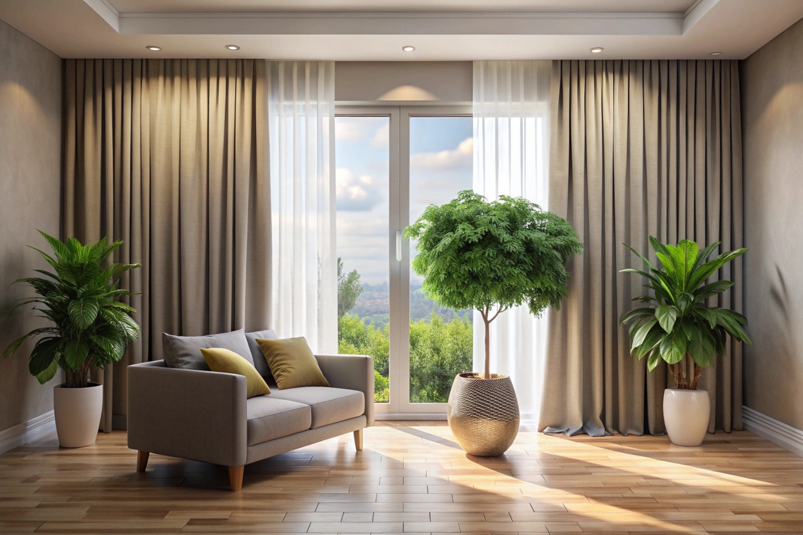 modern room with curtains and plant interior design. 3D illustration