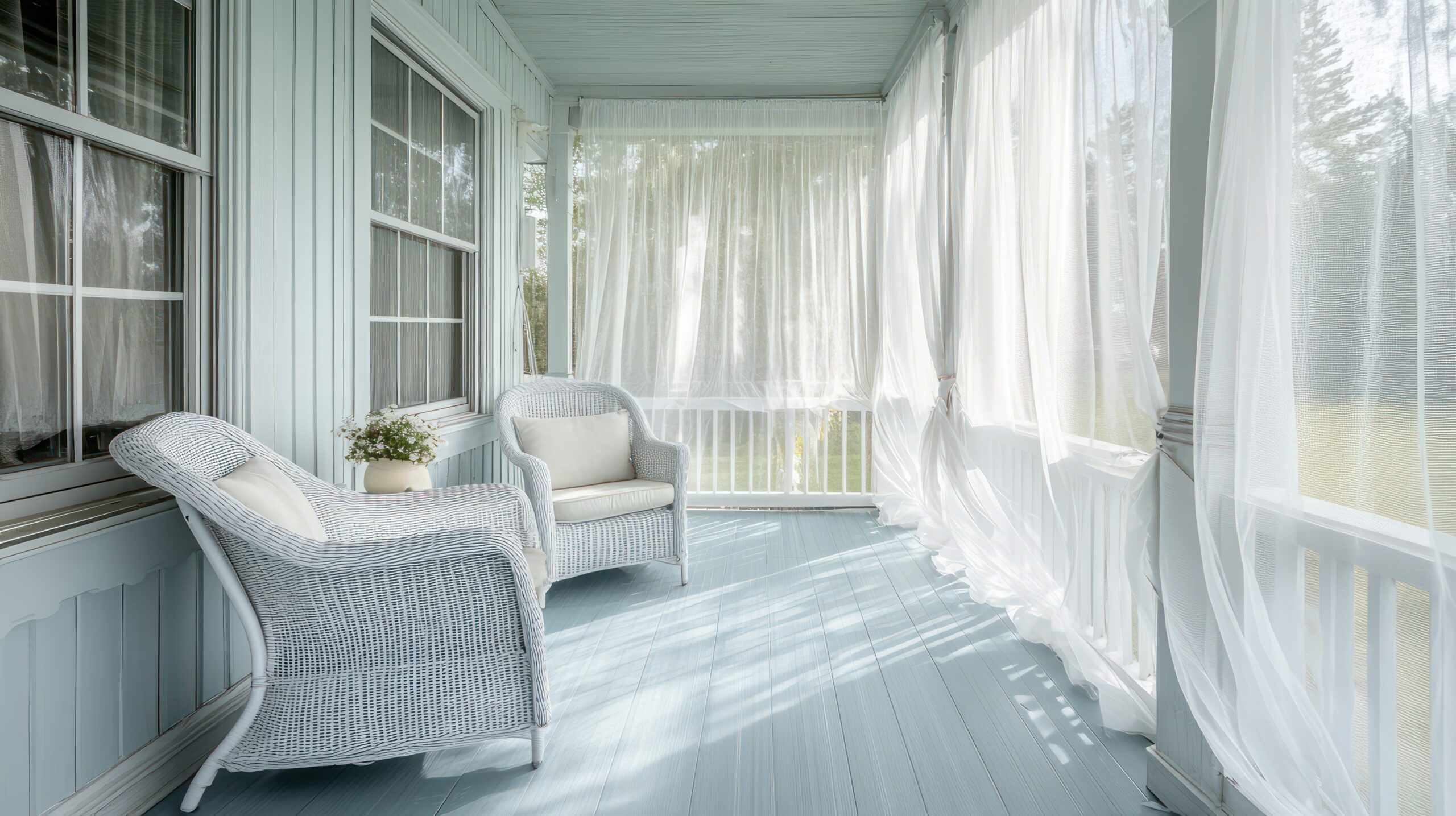 iry sun porch with pale blue vinyl plank flooring, white wicker furniture, and sheer curtains blowing in the breeze